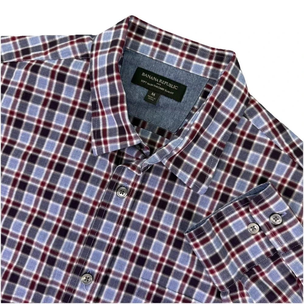 Banana Republic Shirt Mens Medium Grey Black Red Plaid Button‎ Up Long Sleeve
